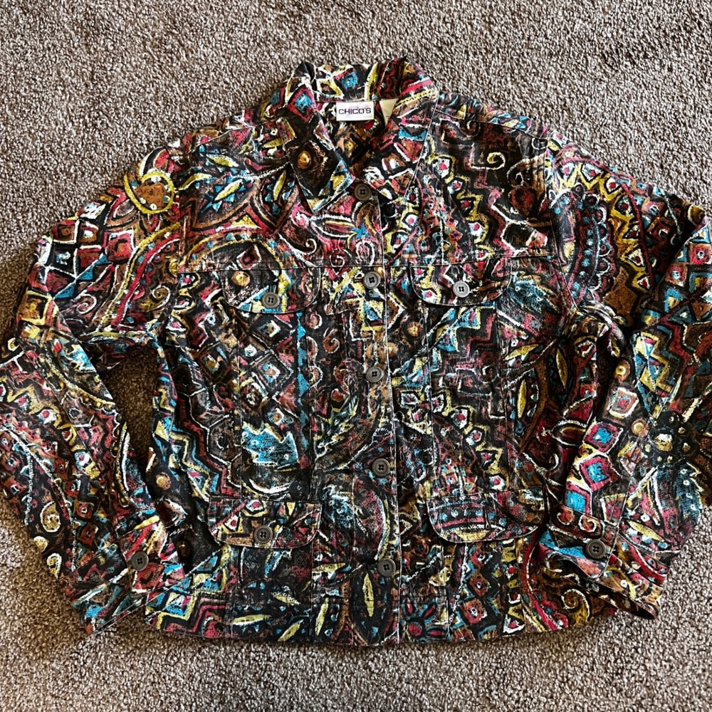 Chico's Colorful Abstract Art To Wear Button Front Jacket Size 1